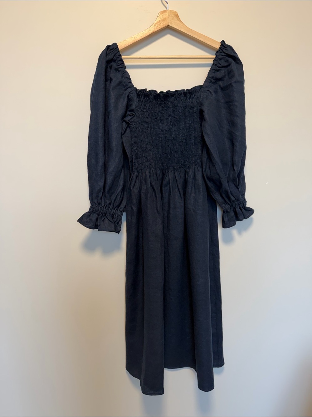 100% Linen Smocked Puff-Sleeve Calf Length Dress